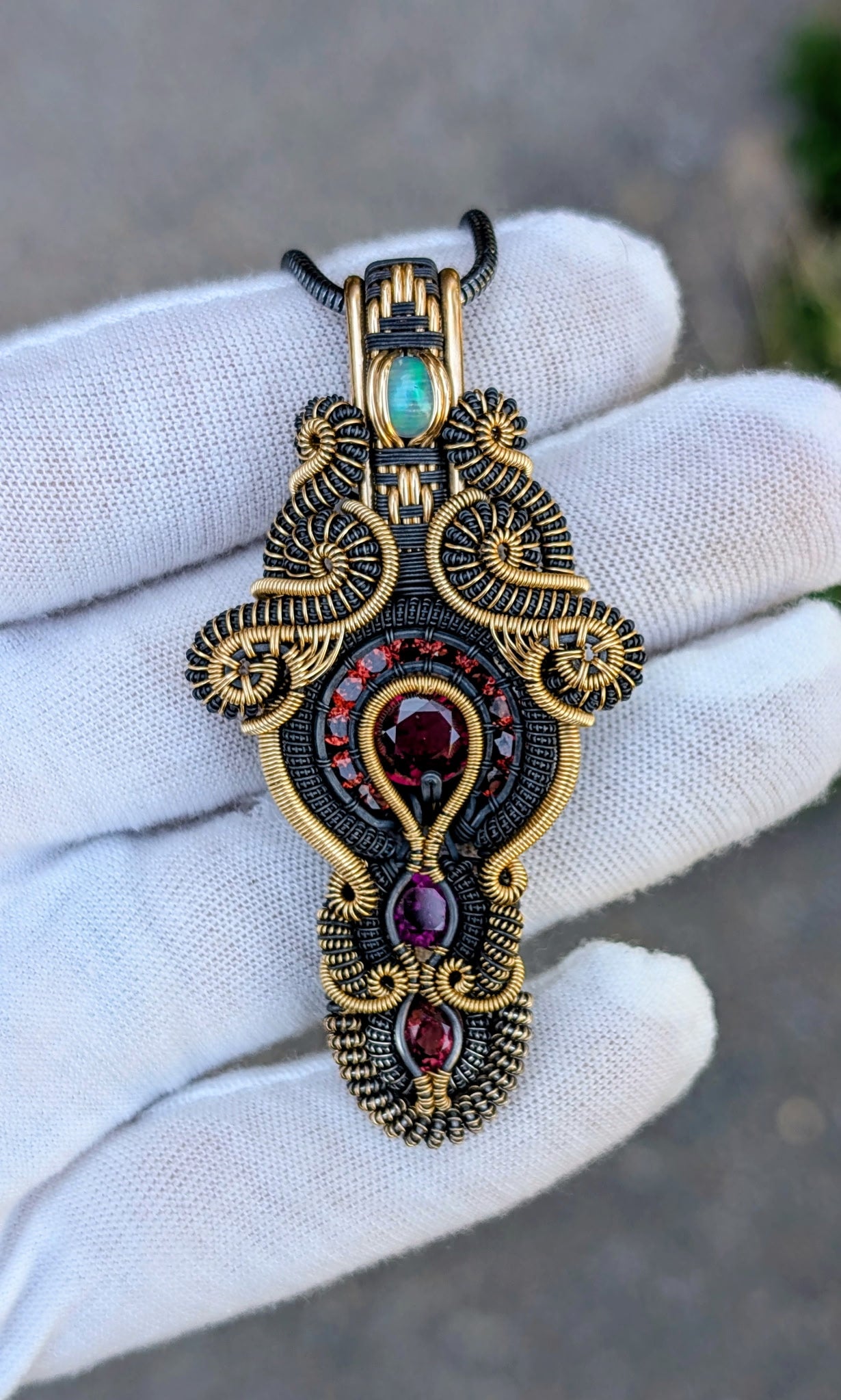 Twisted Up Wraps Collaboration - “Lyra” Garnet & Opal Pendant
