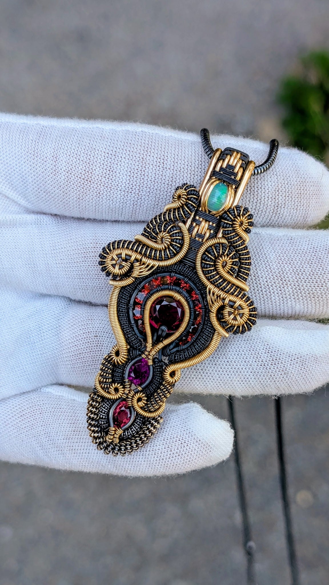 Twisted Up Wraps Collaboration - “Lyra” Garnet & Opal Pendant