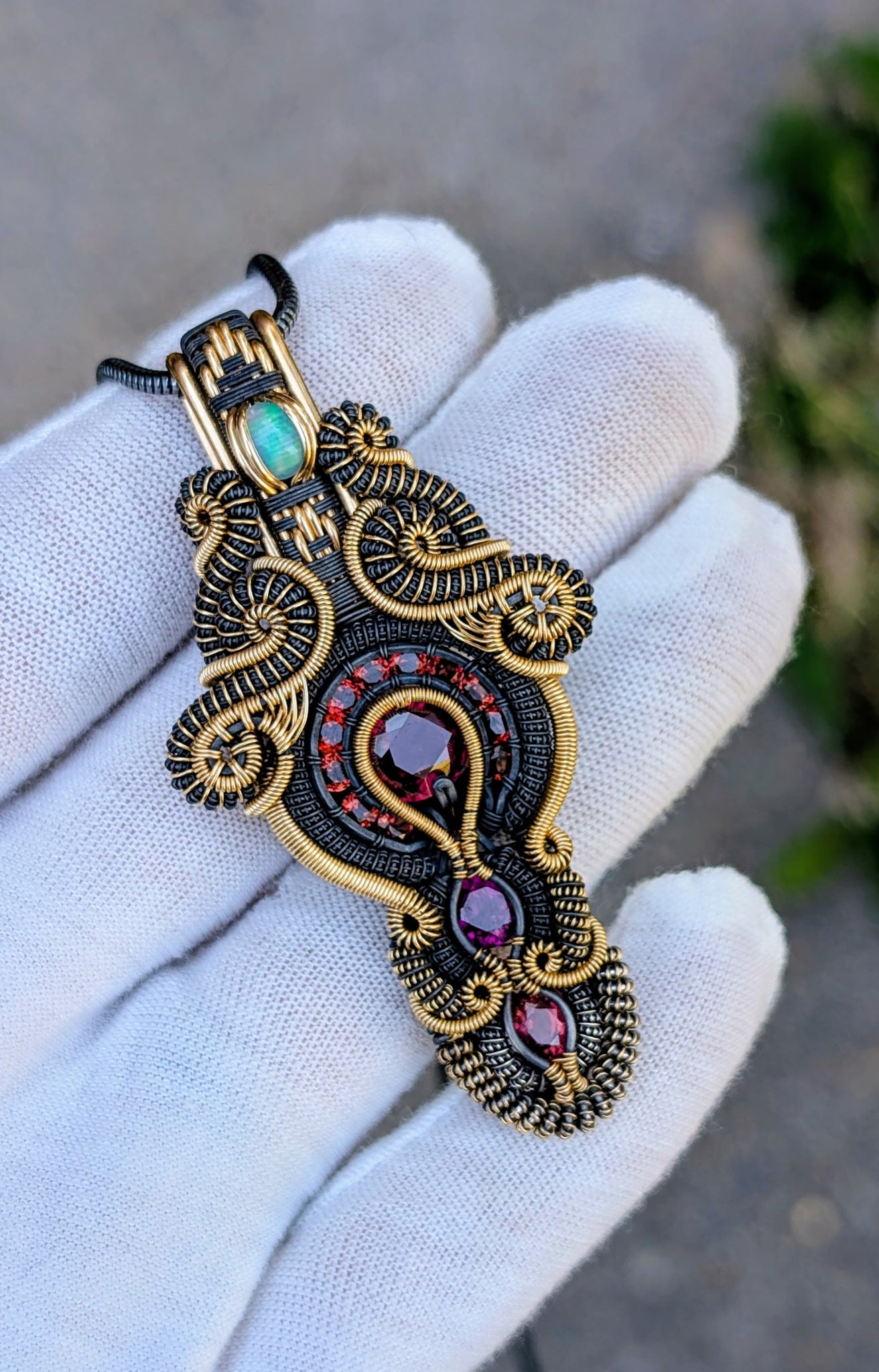 Twisted Up Wraps Collaboration - “Lyra” Garnet & Opal Pendant