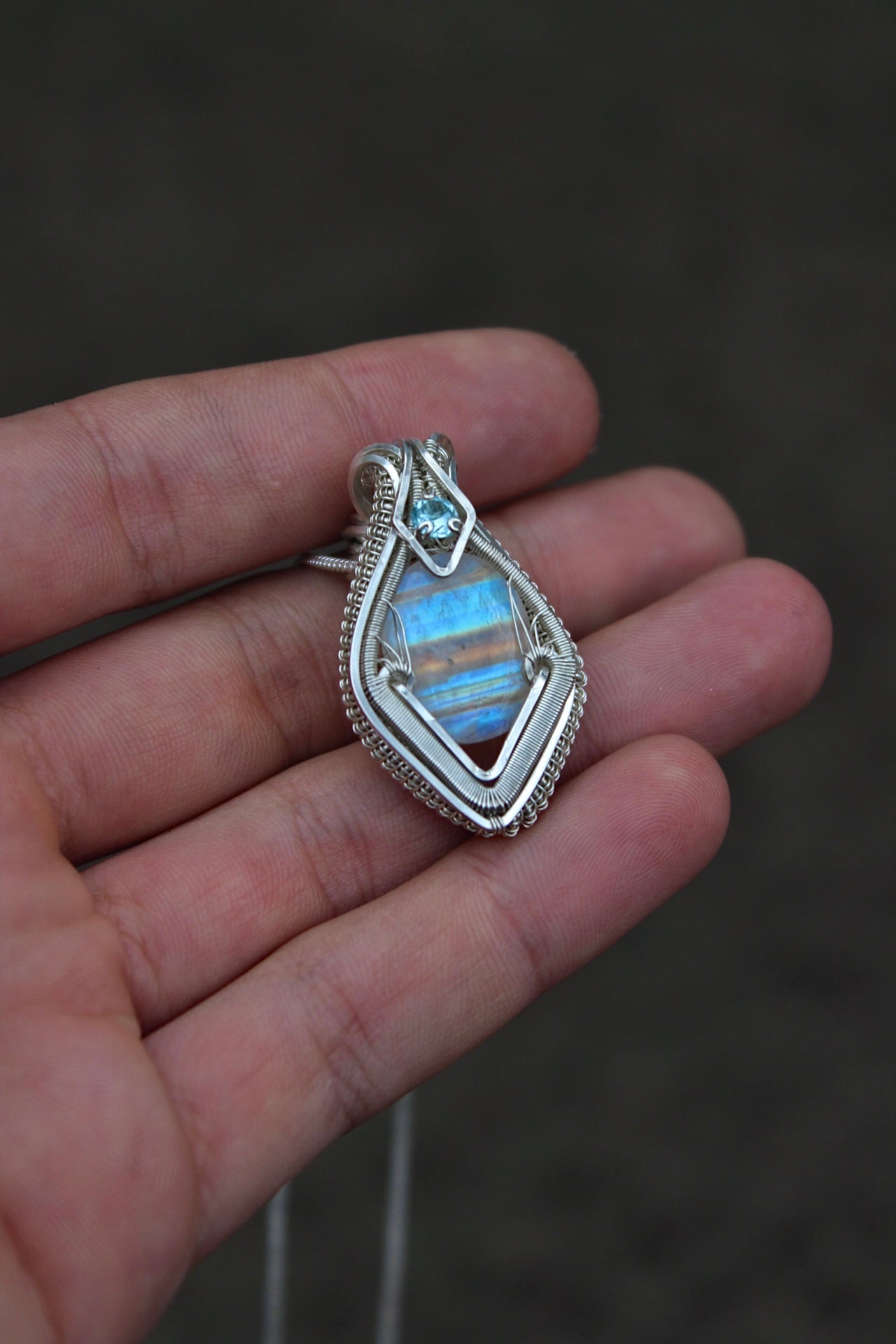 Rainbow Moonstone and Blue Topaz Pendant