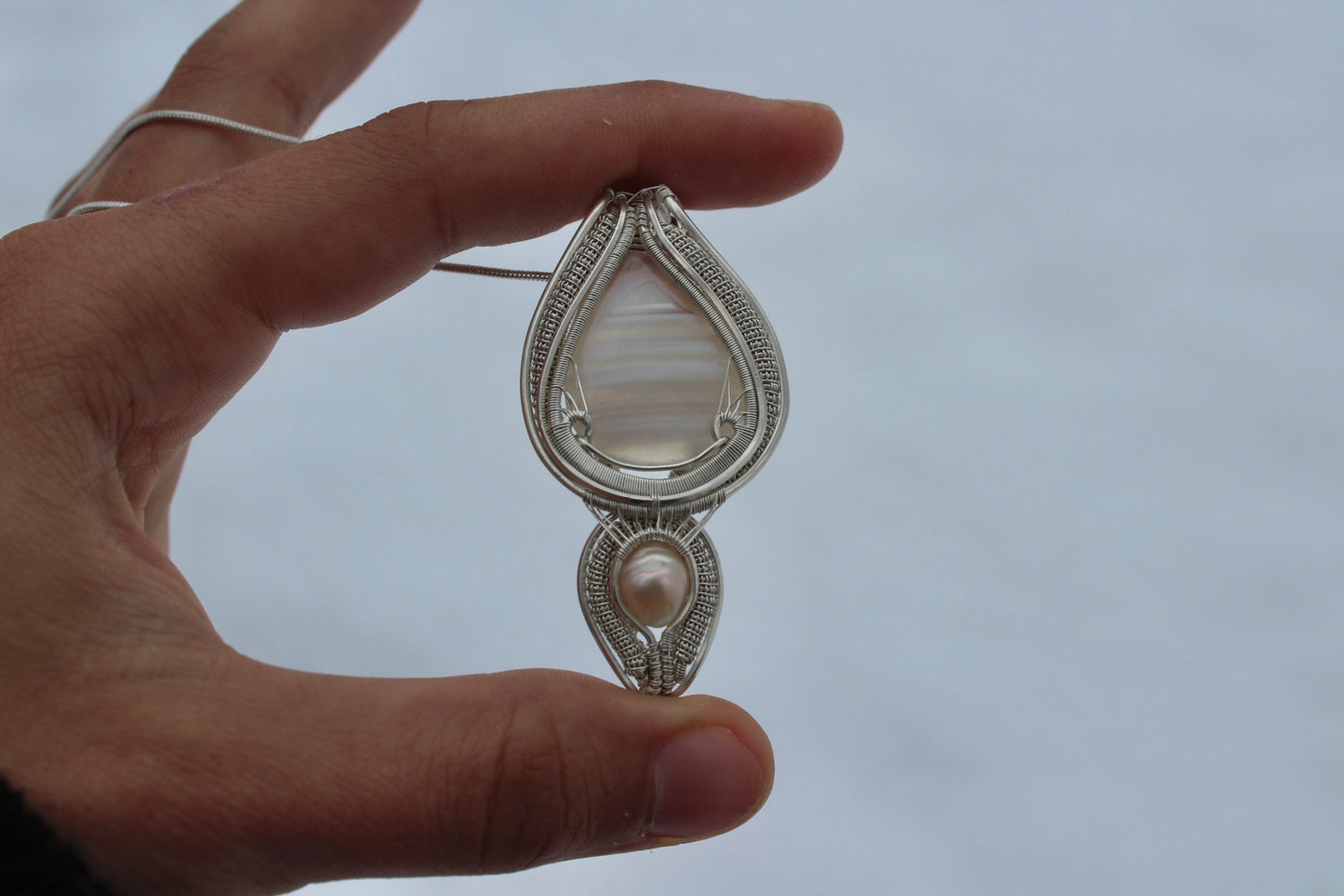 Botswana Agate and Pearl Pendant